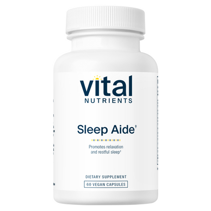 A white bottle labeled "Vital Nutrients Sleep Aide" with 60 vegan capsules, promoting relaxation and restful sleep.