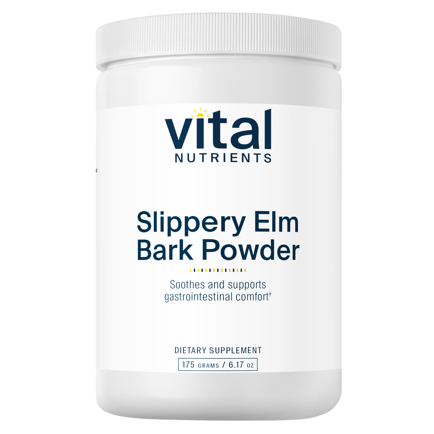 A white container of Slippery Elm Bark Powder by Vital Nutrients, labeled as a dietary supplement for gastrointestinal comfort.