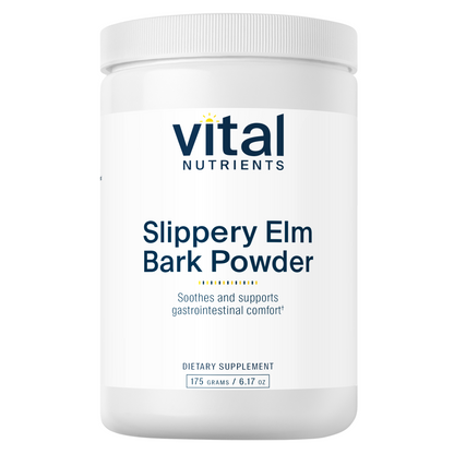 A white container of Slippery Elm Bark Powder by Vital Nutrients, labeled as a dietary supplement for gastrointestinal comfort.