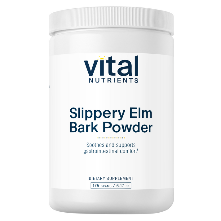 A white container of Slippery Elm Bark Powder by Vital Nutrients, labeled as a dietary supplement for gastrointestinal comfort.