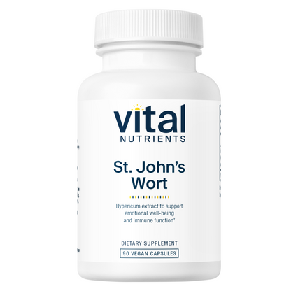A white bottle labeled "Vital Nutrients St. John's Wort," containing 90 vegan capsules, promoting emotional well-being and immune function.