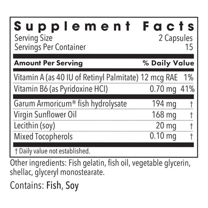 Supplement Facts panel for Stabilium 200 showing Garum Armoricum fish extract and serving information