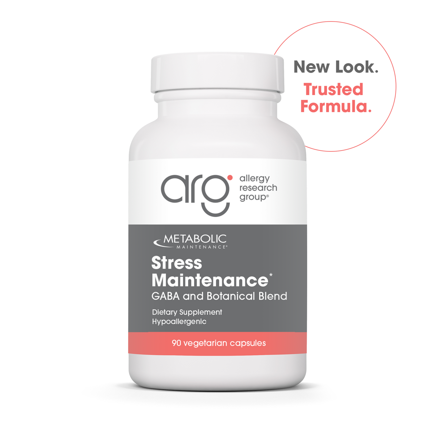 Bottle of Metabolic Maintenance Stress Maintenance supplement with GABA blend and new look.