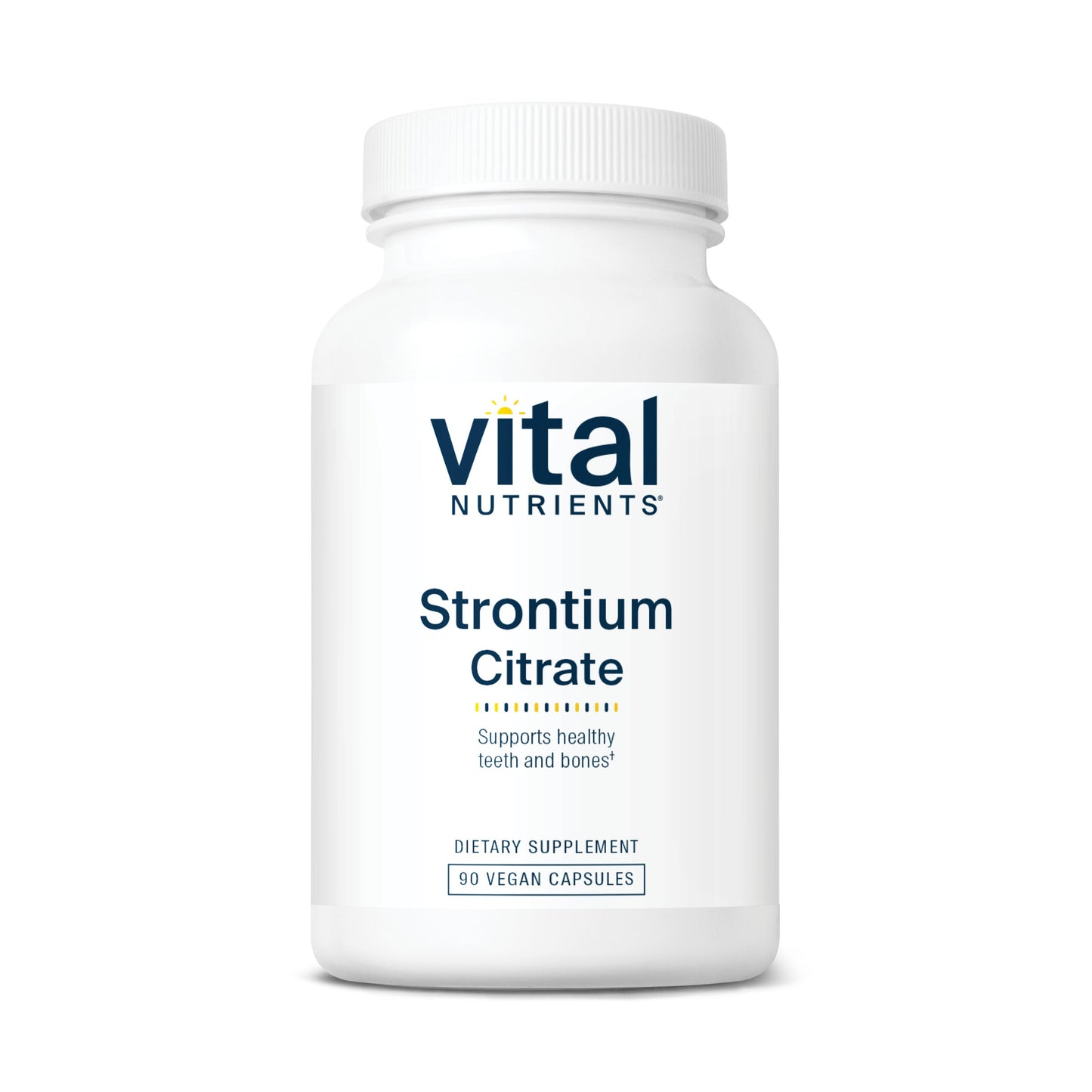 A white bottle labeled "Vital Nutrients Strontium Citrate" with 90 vegan capsules, promoting healthy teeth and bones.