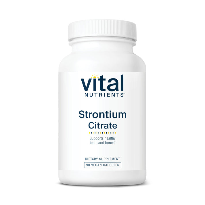 A white bottle labeled "Vital Nutrients Strontium Citrate" with 90 vegan capsules, promoting healthy teeth and bones.