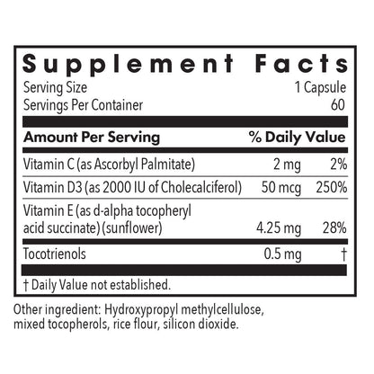 Super D3 - supplement fact label with Vitamin C, D3 , E and Tocotrienols