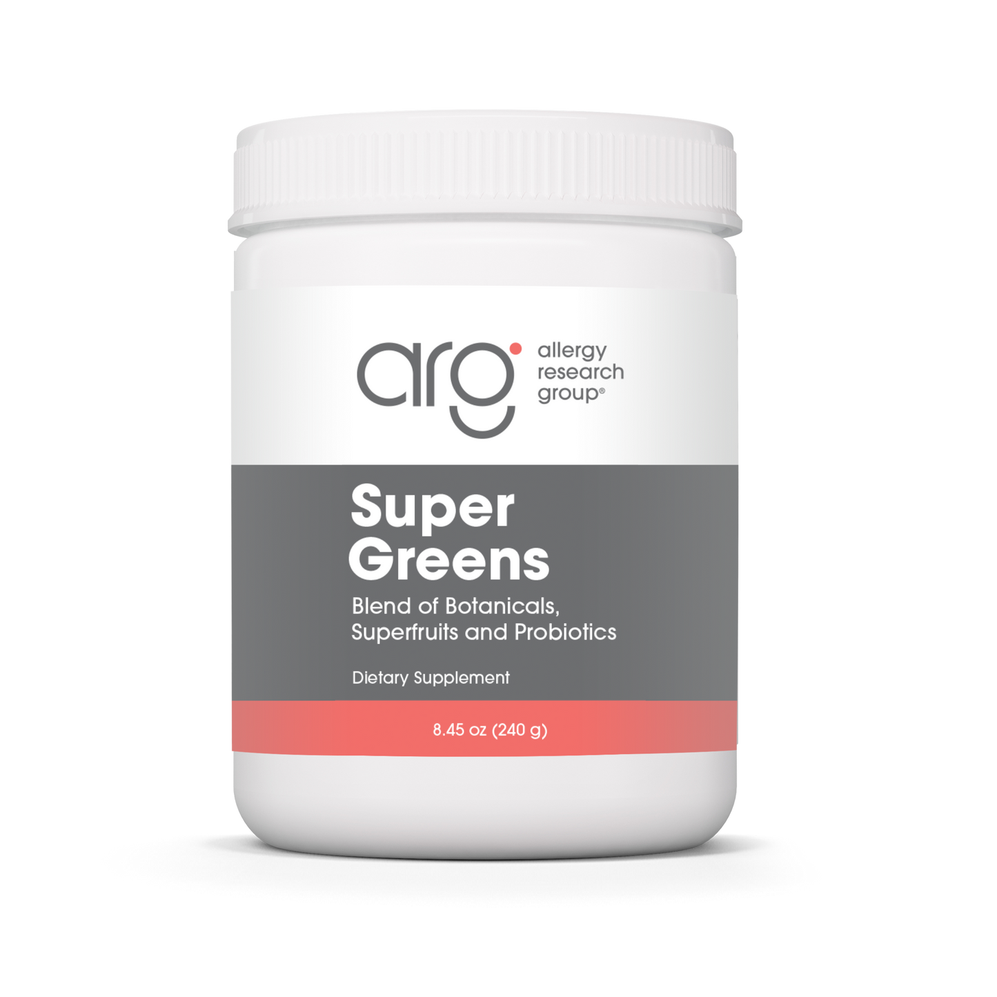 Allergy Research Group Super Greens Powder jar with probiotics, greens, fiber, and daily nutrition support