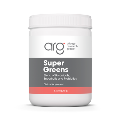 Allergy Research Group Super Greens Powder jar with probiotics, greens, fiber, and daily nutrition support
