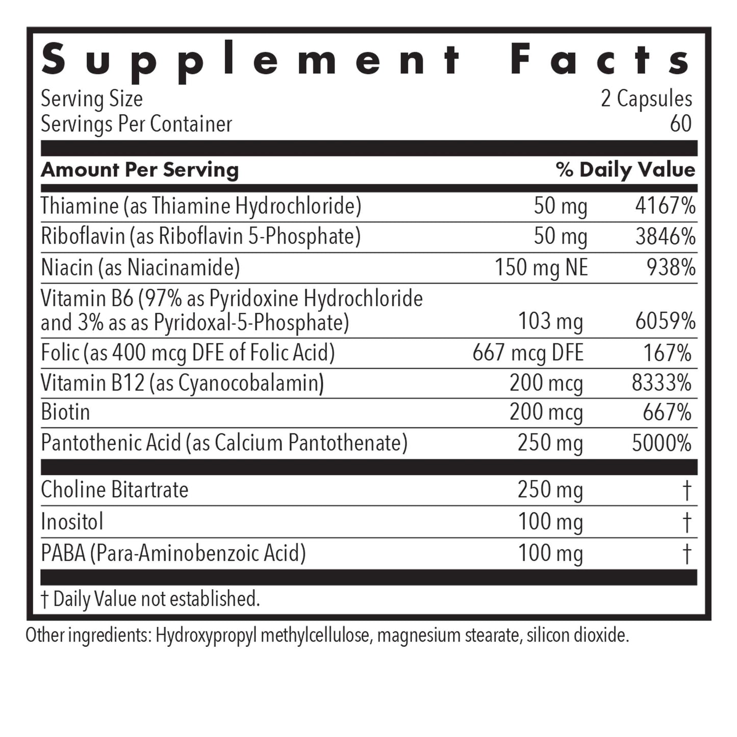Super Vitamin B - supplement fact label with Thiamine, Vitamin B12, Biotin and more