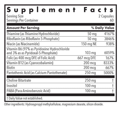 Super Vitamin B - supplement fact label with Thiamine, Vitamin B12, Biotin and more