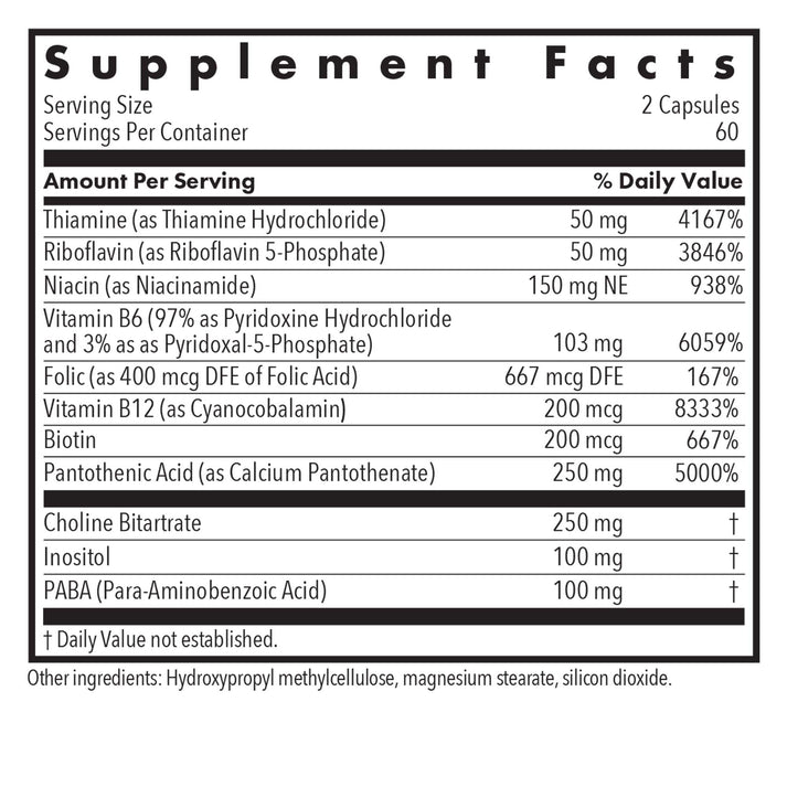 Super Vitamin B - supplement fact label with Thiamine, Vitamin B12, Biotin and more