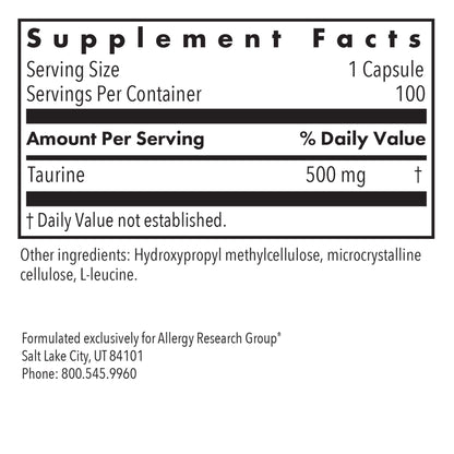 Taurine 500 mg - supplement fact label with Taurine