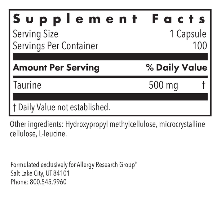 Taurine 500 mg - supplement fact label with Taurine