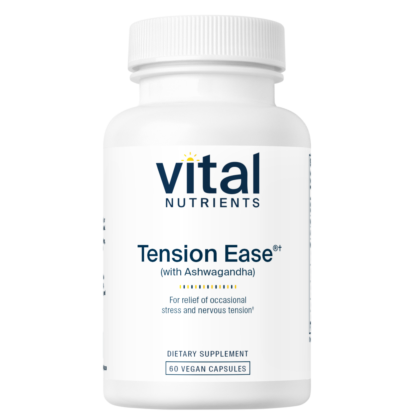 A white bottle labeled "Vital Nutrients Tension Ease" with Ashwagandha, containing 60 vegan capsules for stress relief.