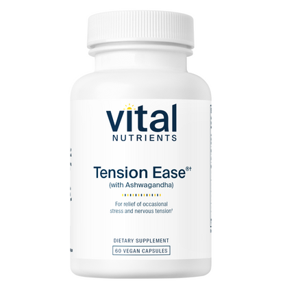 A white bottle labeled "Vital Nutrients Tension Ease" with Ashwagandha, containing 60 vegan capsules for stress relief.