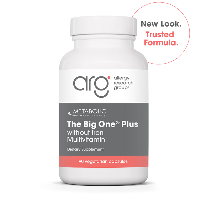 Metabolic Maintenance The Big One Plus without Iron multivitamin bottle with 90 vegetarian capsules and new look label