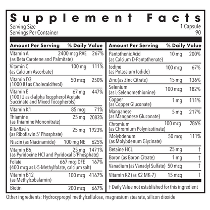 Back label with supplement facts for Metabolic Maintenance The Big One Plus without Iron multivitamin