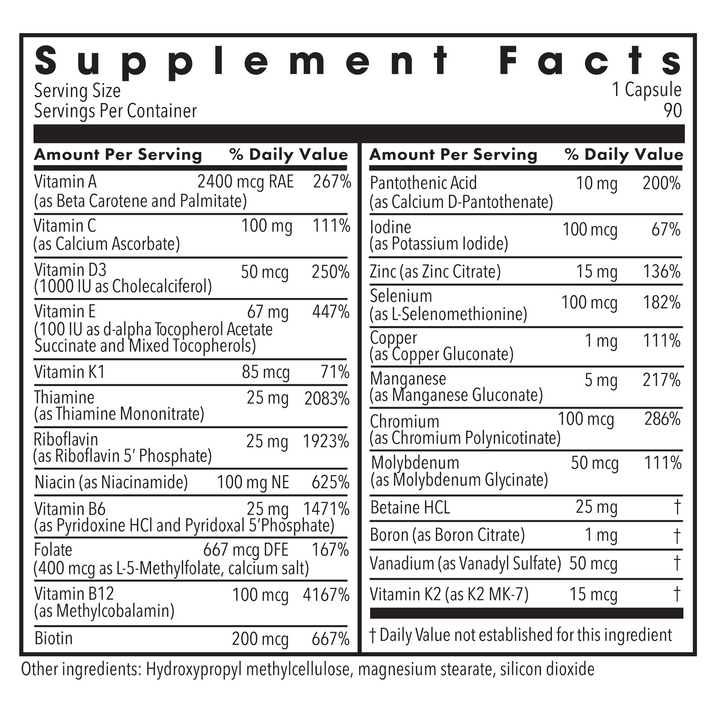 Back label with supplement facts for Metabolic Maintenance The Big One Plus without Iron multivitamin