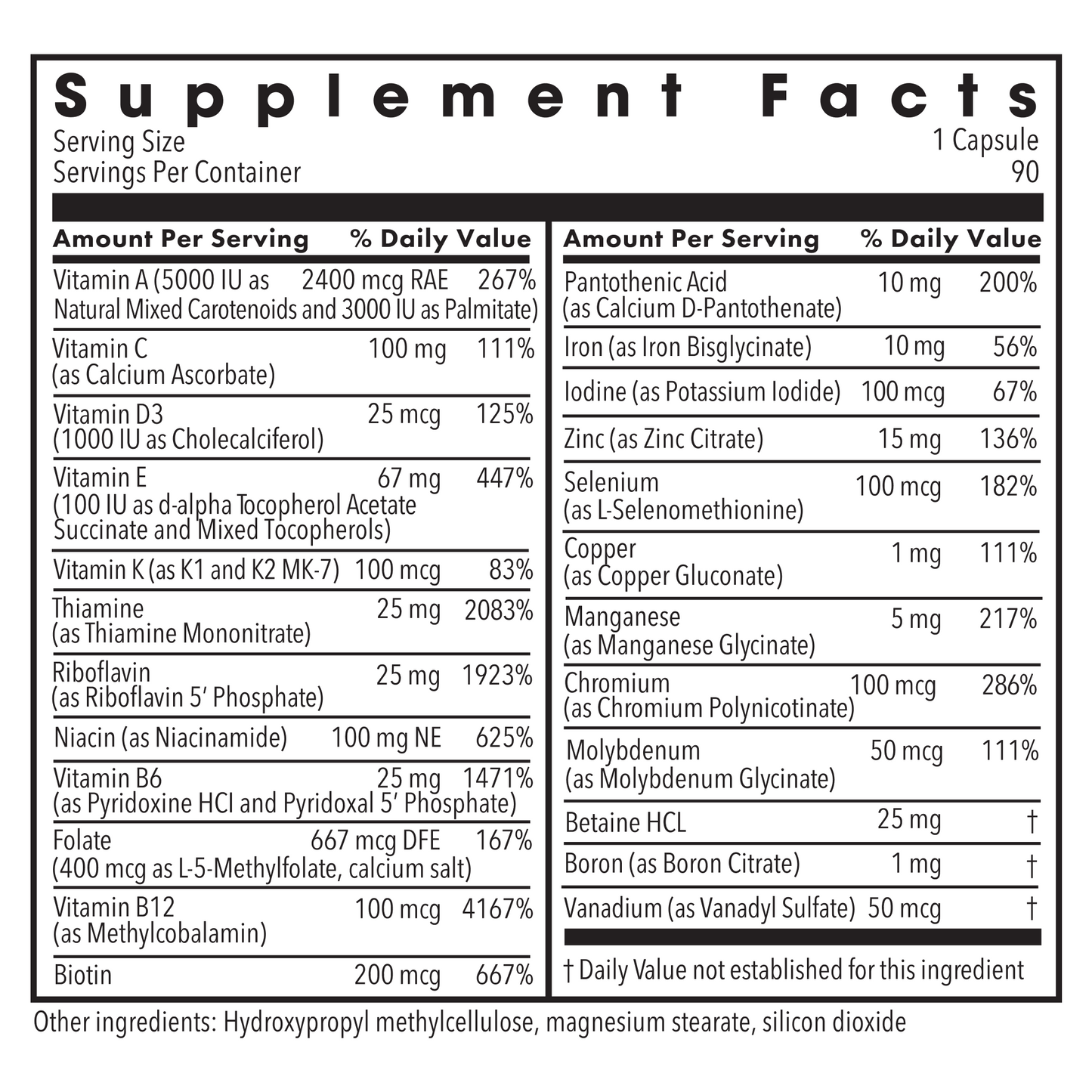 Supplement Facts panel listing vitamins and minerals with daily values.
