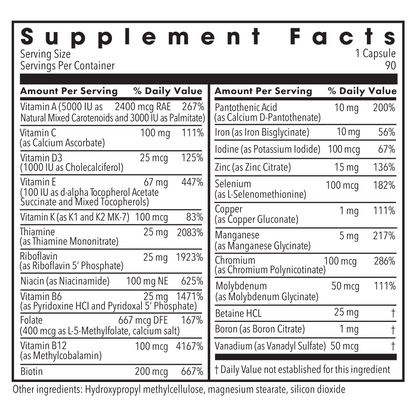 Supplement Facts panel listing vitamins and minerals with daily values.
