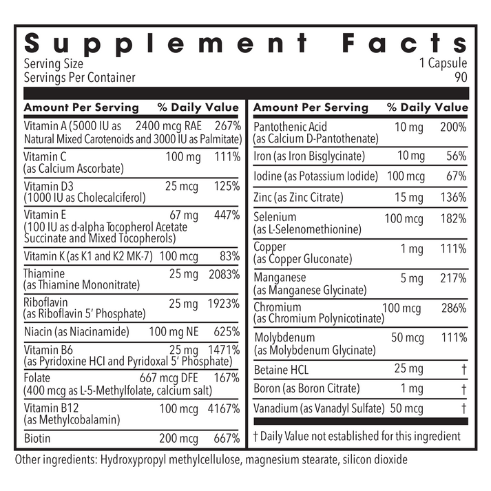 Supplement Facts panel listing vitamins and minerals with daily values.