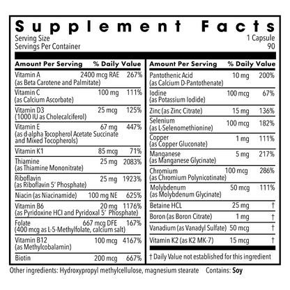 Supplement Facts panel for The Big One without Iron multivitamin showing nutrients in two columns