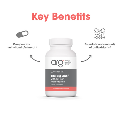 Suggested Use heading with dosage instructions beside The Big One without Iron multivitamin bottle on a light background