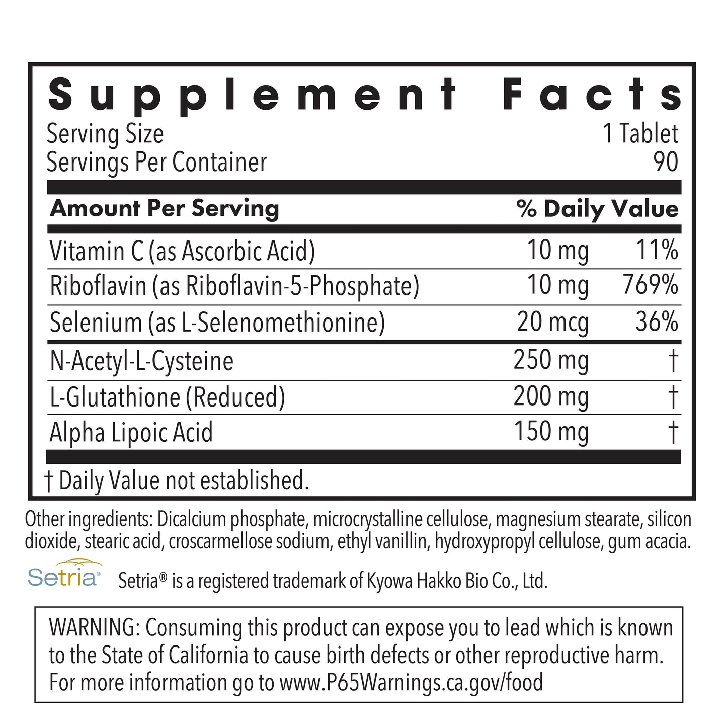 Supplement Facts panel for ThioDox antioxidant formula showing NAC, reduced glutathione, alpha lipoic acid, selenium, riboflavin, and vitamin C