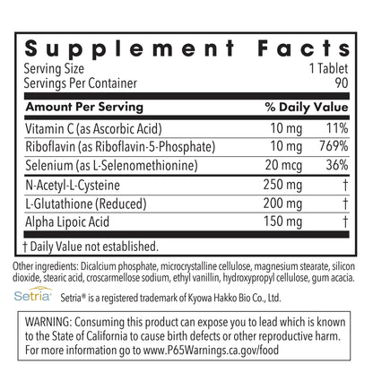 Supplement Facts panel for ThioDox antioxidant formula showing NAC, reduced glutathione, alpha lipoic acid, selenium, riboflavin, and vitamin C