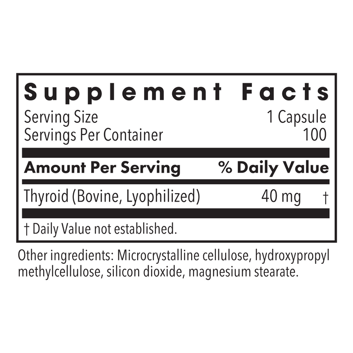 Supplement Facts panel showing Thyroid from bovine lyophilized 40 mg per serving