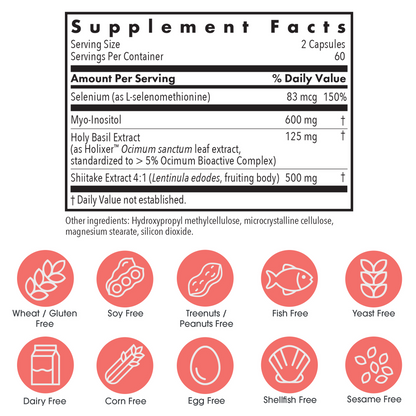 Thyroid Zen Defense supplement facts and allergen-free icon graphic showing selenium, myo-inositol, holy basil, and shiitake