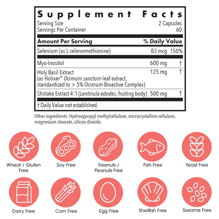 Thyroid Zen Defense supplement facts and allergen-free icon graphic showing selenium, myo-inositol, holy basil, and shiitake