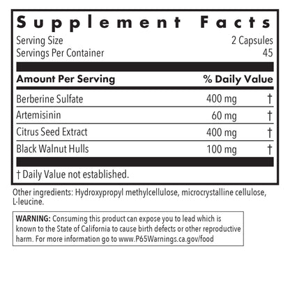 Supplement Facts panel for Tricycline showing berberine sulfate, artemisinin, citrus seed extract, and black walnut hulls