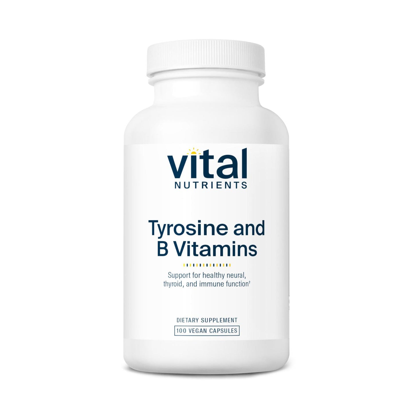 A white bottle labeled "Vital Nutrients" containing "Tyrosine and B Vitamins" with a description of health support.