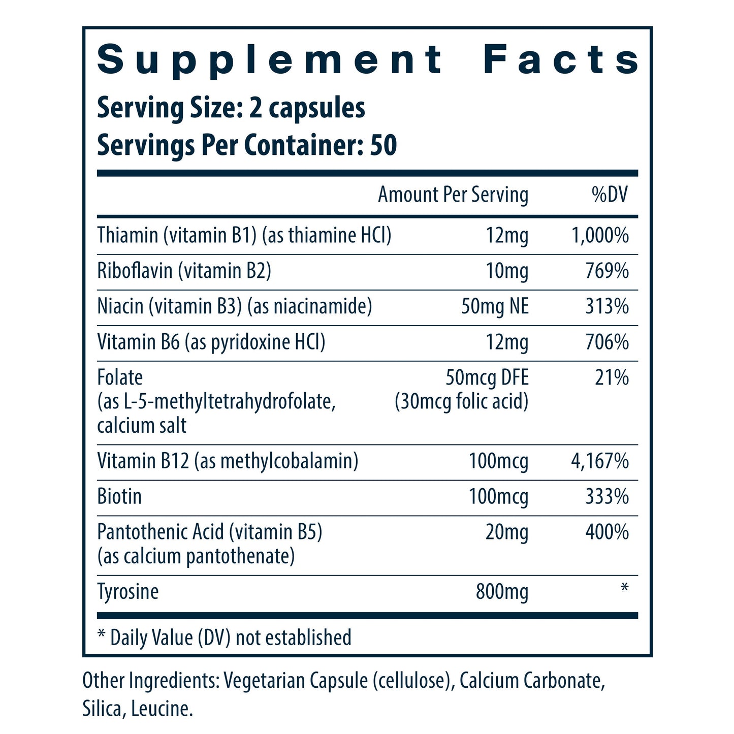 Vital Nutrients Tyrosine and B Vitamins supplement facts.