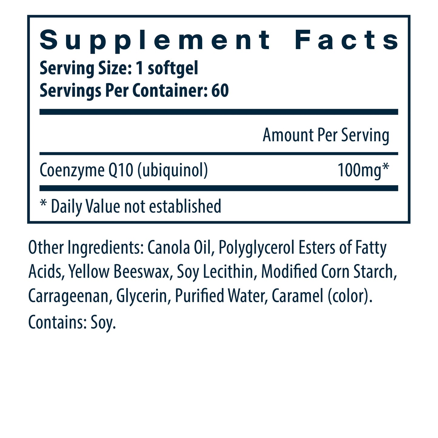 Vital Nutrients Ubiquinol CoQ10 100mg/serving dietary supplement facts.