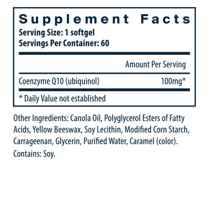 Vital Nutrients Ubiquinol CoQ10 100mg/serving dietary supplement facts.