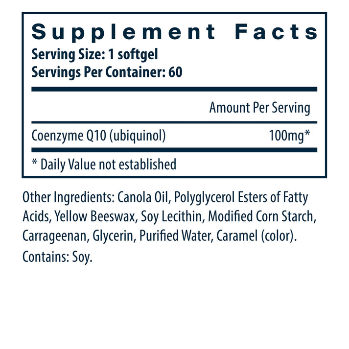 Vital Nutrients Ubiquinol CoQ10 100mg/serving dietary supplement facts.