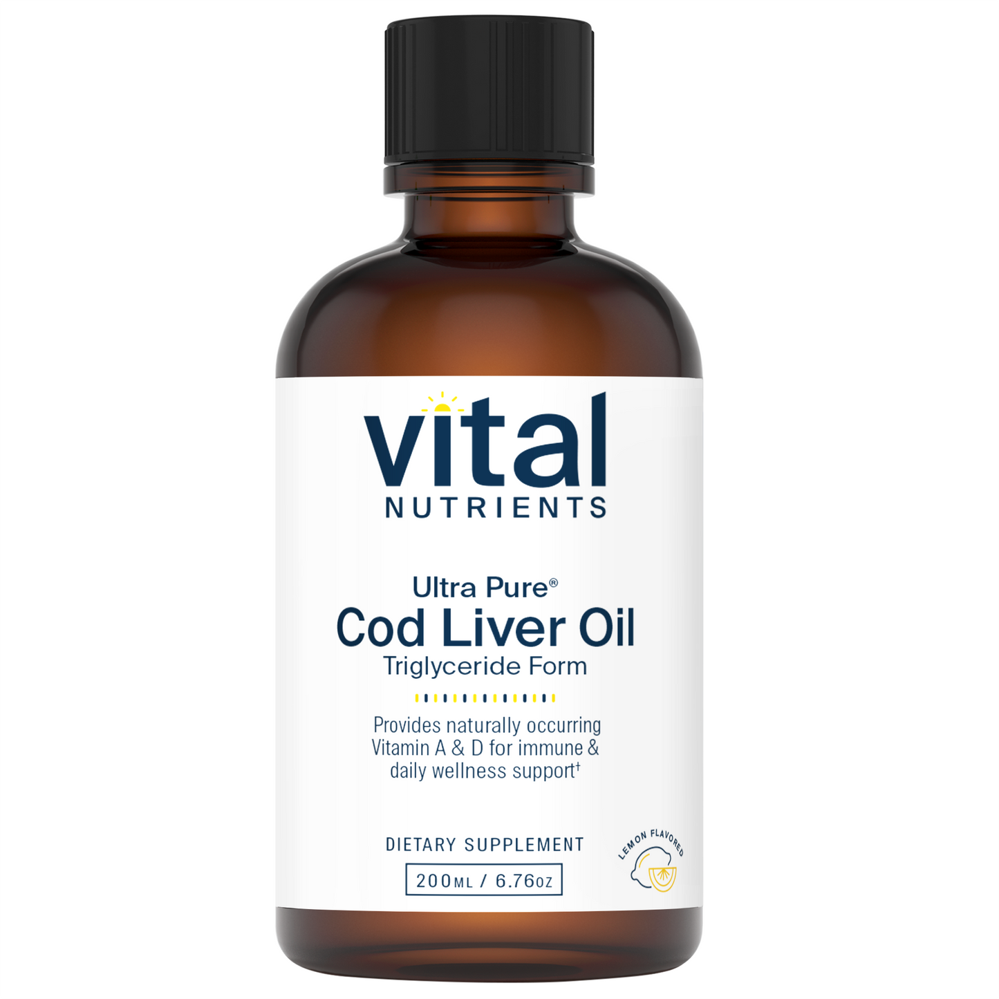 A brown glass bottle of Vital Nutrients Ultra Pure Cod Liver Oil, labeled as a dietary supplement with lemon flavor.