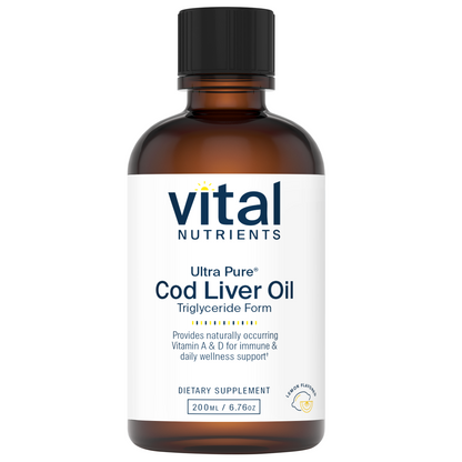 A brown glass bottle of Vital Nutrients Ultra Pure Cod Liver Oil, labeled as a dietary supplement with lemon flavor.