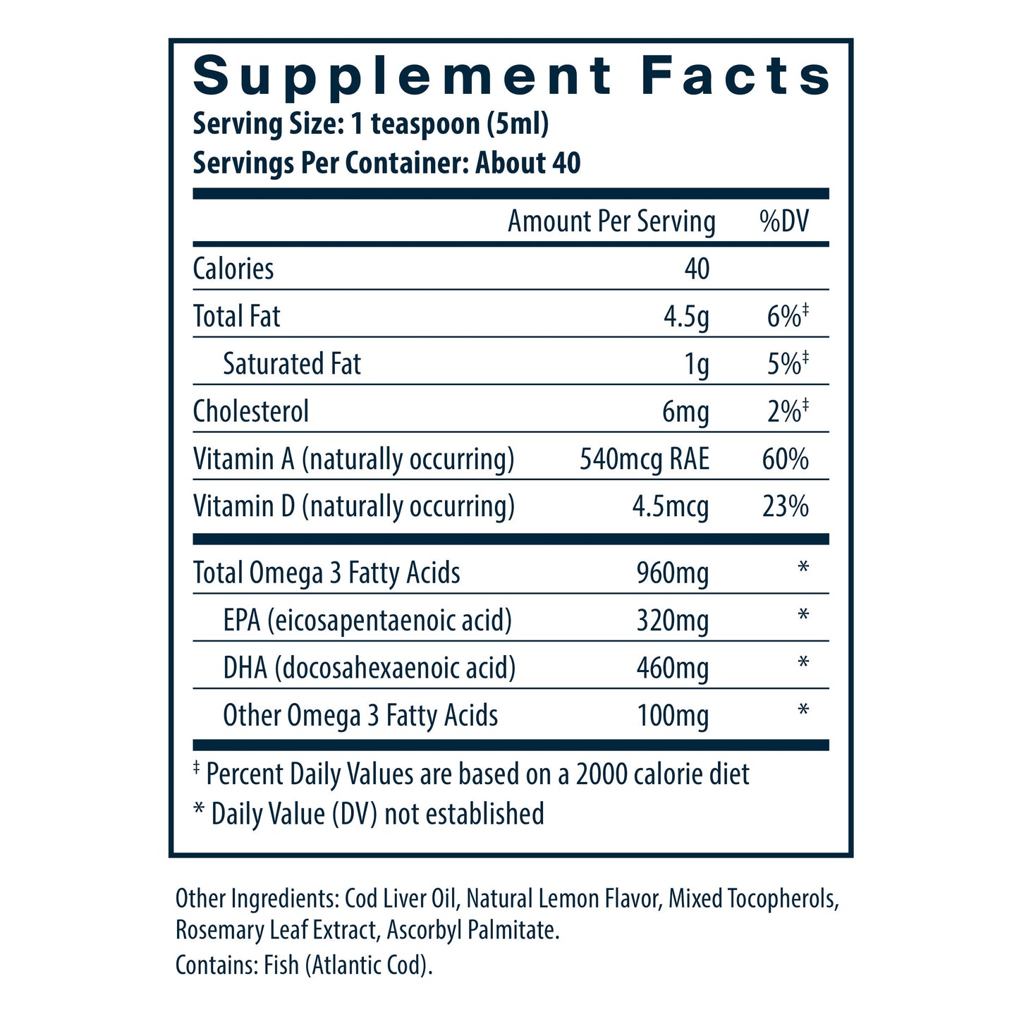 Vital Nutrients Ultra Pure® Cod Liver Oil 1025 Pharmaceutical Grade supplement facts panel.