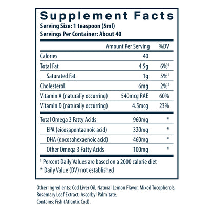 Vital Nutrients Ultra Pure® Cod Liver Oil 1025 Pharmaceutical Grade supplement facts panel.