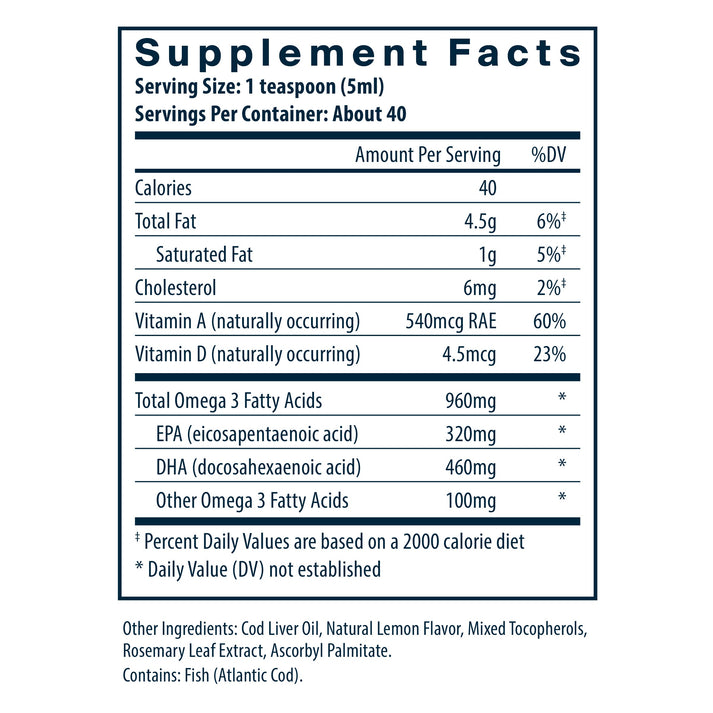 Vital Nutrients Ultra Pure® Cod Liver Oil 1025 Pharmaceutical Grade supplement facts panel.