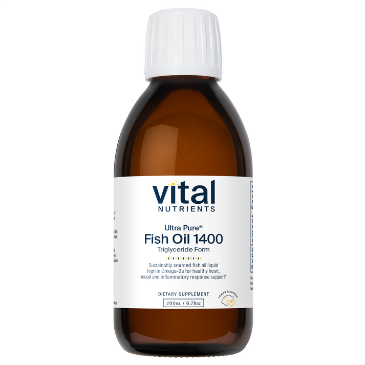 A brown glass bottle of fish oil supplement labeled "Ultra Pure Fish Oil 1400" by Vital Nutrients, 200ml.