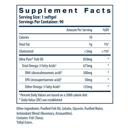 Vital Nutrients Ultra Pure® Fish Oil 675 High Omega-3 DHA Pharmaceutical Grade 90 Softgels supplement facts.