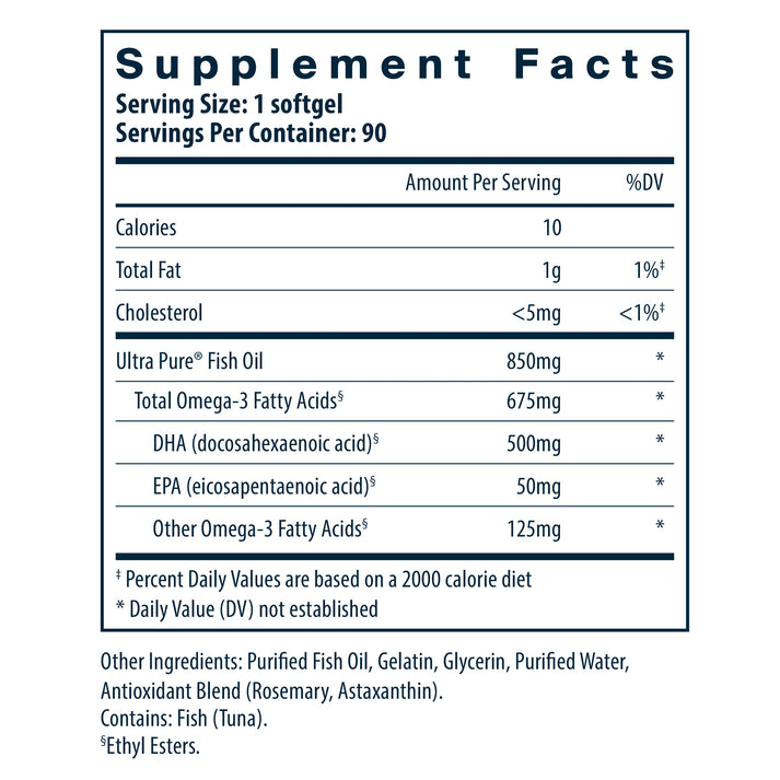 Vital Nutrients Ultra Pure® Fish Oil 675 High Omega-3 DHA Pharmaceutical Grade 90 Softgels supplement facts.