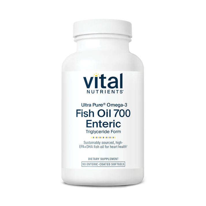 A white bottle labeled "Vital Nutrients Fish Oil 700 Enteric" with 90 softgels, promoting heart health and omega-3 benefits.