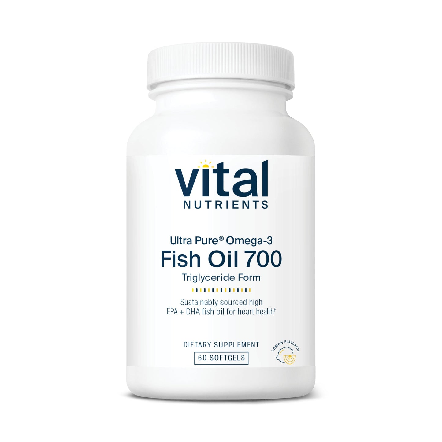 A white bottle labeled "Vital Nutrients" containing "Ultra Pure Omega-3 Fish Oil 700" with 60 softgels.