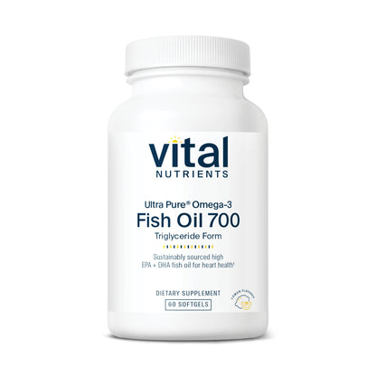 A white bottle labeled "Vital Nutrients" containing "Ultra Pure Omega-3 Fish Oil 700" with 60 softgels.