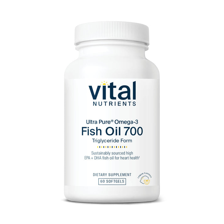 A white bottle labeled "Vital Nutrients" containing "Ultra Pure Omega-3 Fish Oil 700" with 60 softgels.